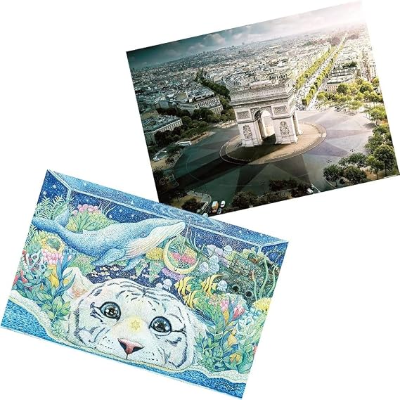 Pintoo - Two Plastic Jigsaw Puzzles Bundle - 1200 Piece - HenryDo - Aerial Photography - Arc De Triomphe, Paris and 600 Piece - Cotton Lion - White Tiger's Aquarium World [H3030+H2394]