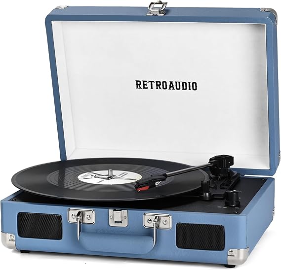 RetroAudio Vinyl Record Player Bluetooth Vintage Portable Suitcase Turntable with Built-in Speakers 3-Speed Belt-Driven Record Player Support RCA Output and Headphone Output
