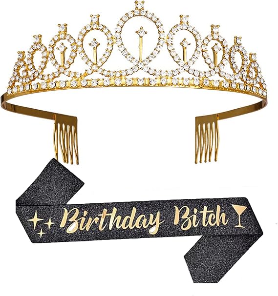 Leixi Birthday Bitch Sash & Rhinestone Tiara Kit - 21st & 30th/40th Birthday Gifts - Women's Party Supplies (Black)
