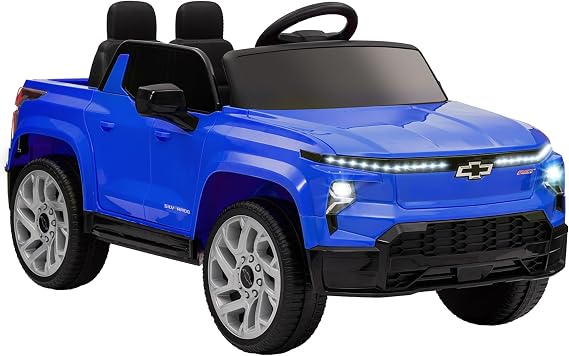 Qaba 12V Kids Ride on Truck Chevrolet Silverado EV RST Licensed Music Blue | Electric Car, Parent Remote Control, Back Storage, Spring Suspension, Soft Start, Auxiliary Wheels, LED Lights, MP3
