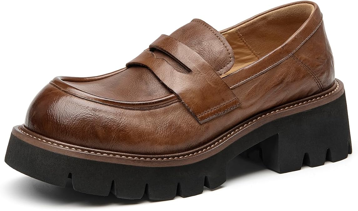 BEAU TODAY Platform Loafers for Women, Womens Chunky Leather Loafers, Slip-on Lug Sole Penny Loafers Comfortable Business Casual Office Non Slip Round Toe Ladies Dress Shoes Brown US 8.5