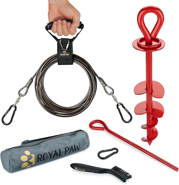 ROYAL PAW 20ft Dog Tie Out Cable and Stake - Dog Stake & Dog Tie Out Heavy Duty for Large Dogs up to 300 lbs (20-ft Onyx Black Dog Lead and Crimson Red Dog Anchor)