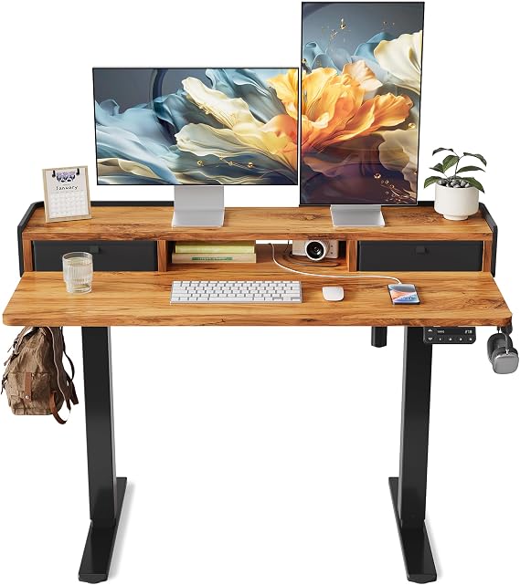 YIHAYO Standing Desk with Drawers, 48 x 24 Inches Adjustable Desk with Storage Shelf, Stand Up Desk with Splice Board, Electric Desk Computer Desk for Home Office, Black Frame/Rustic Brown Top