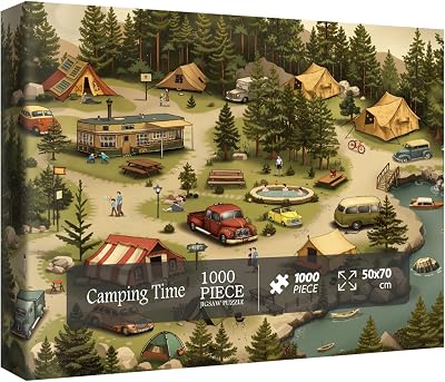 Vintage Forest Camping Puzzle for Adults 1000 Pieces, Rv Outdoor Lake Scenic Jigsaw Puzzles, Cozy Nature Family Campsite Puzzle