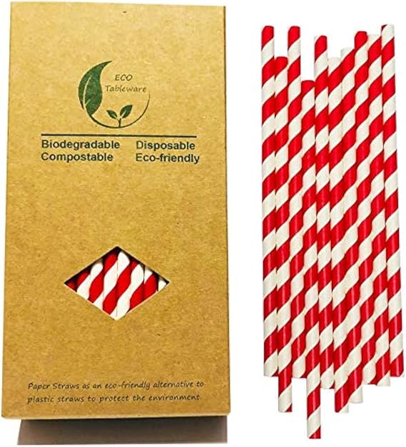 Red and white striped paper straws for cocktails, milkshakes, coffee, lemonade in summer, 7.75-inch bright ruby striped paper straws (100 pieces) (white and red stripes)
