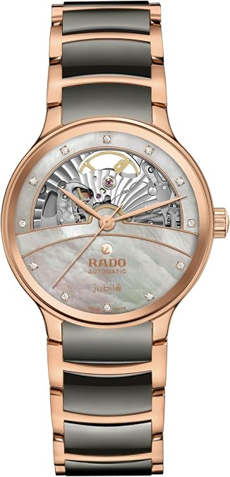 Rado - Centrix - Women's Automatic Swiss Watch - 35mm Silver & Rose Gold Dial with Date - Plasma & Rose Gold High-Tech Ceramic Bracelet - R30029912