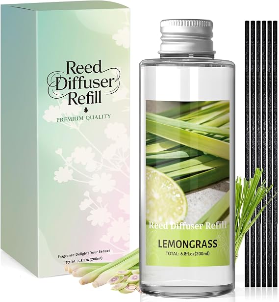 Reed Diffuser Refill 200ml, Lemongrass Scent, 6 Reed Sticks