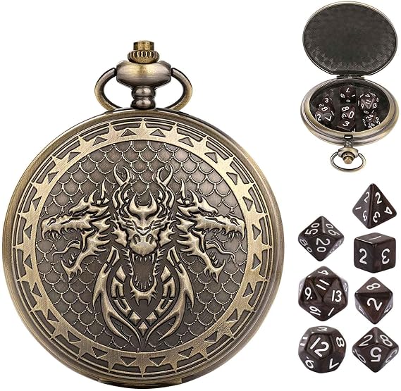 Portable D&D Dice Set, with 7PCS Metal Dice for DND, DND Dice Set with Pocket Watch Case, Compatible with Dungeons and Dragons, RPG Role Playing Board Games Accessories (Glod)