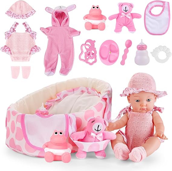 deAO 13'' Baby Doll Playset with Bassinet Carrier Bed Baby Doll Accessories Including Pillow Clothes Pacifier Pretend Play Set Gifts for Girls Ages 3+