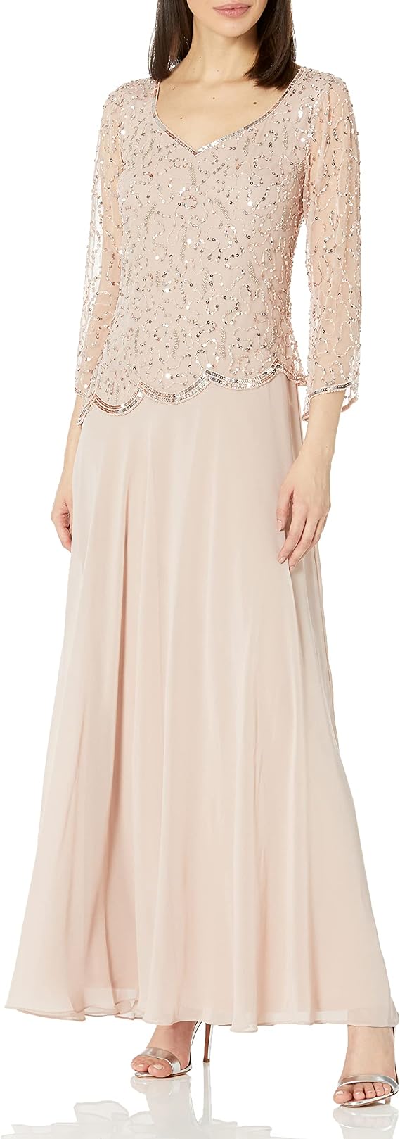 J Kara Women's 3/4 Sleeve Mock 2 Piece Asymetrical Scallop Beaded Long Dress
