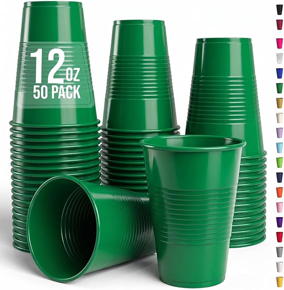 Exquisite Party Solids 12 Oz Green Plastic Cups For Party Supplies 50 Pack | Green Disposable Cups Plastic | D