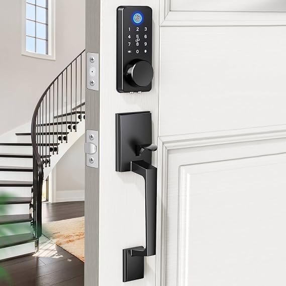 Smart Fingerprint Door Lock Set with APP Control Keyless Entry, Auto Lock, Electronic Keypad & 2 Lever Handles for Home, Apartment, or Office