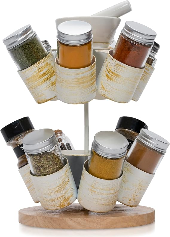 Made Easy Kit Spice and Seasoning Jar Carousel Organizer with Pestle and Mortar (White)