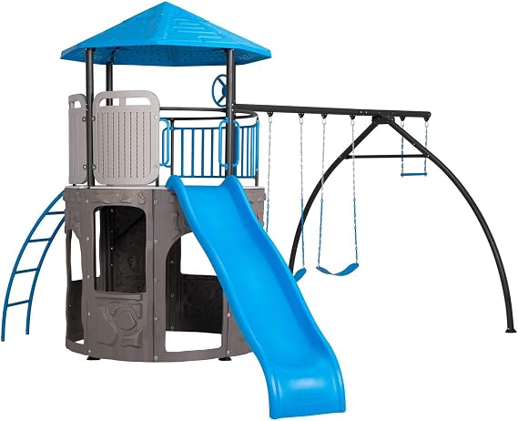Lifetime Adventure Tower Outdoor Playset with Swings, Climbing Wall and 9-Foot Wavy Slide, Blue, Model 90918