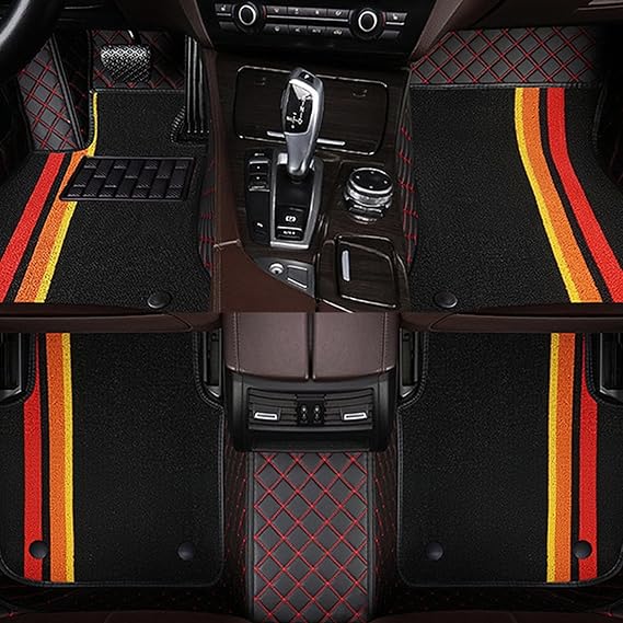 Leather Floor Mats for Toyota Echo 2000-2005 ,Full Coverage All Automotive Floor mat,Luxury Leather Floor mat, Waterproof and Non-Slip car Interior Accessories.Black Red and Black Orange