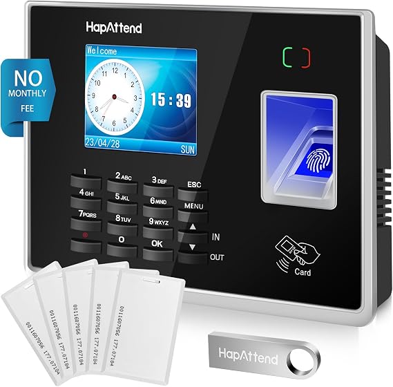 Clocking in Machine - Standalone Card Scanner Attendance Machine with 15 RFID Cards, H2 Fingerprint Time Clocks for Employees Small Business Automatic Calculate Hours(0 Monthly Fees)