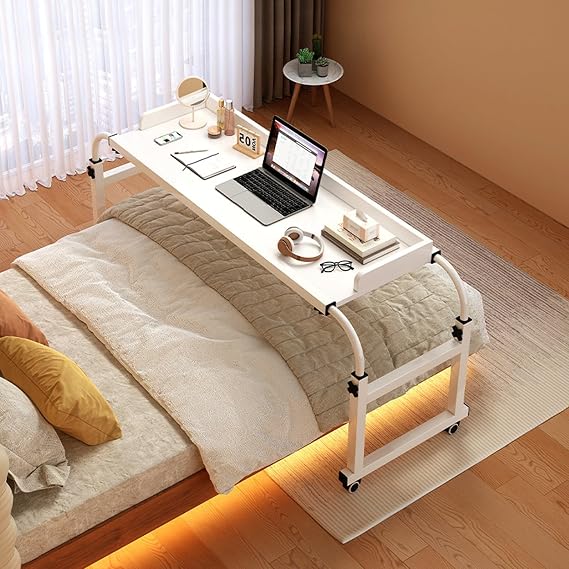 Stretchable Multi-Functional Overbed Table, Adjustable Height Length Office Study Desk Mobile Overbed Computer Laptop Desk, Couch Snack Side Table with Wheels, for Hospital and Home (Color : W