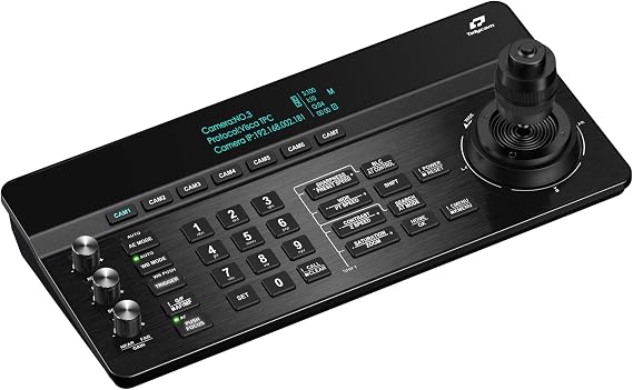 Telycam V-Joy+ at PTZ Camera Controller with OLED Display, Joystick Control, Auto-Tracking Toggle, VISCA & IP Protocol Support, RS232/422/485, PoE for Broadcast, Live Events, and Studios