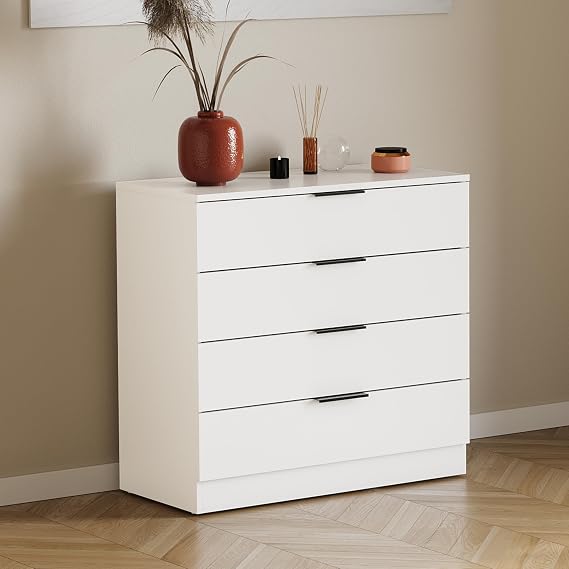 Vida Designs Trega 4 Drawer Chest of Drawers White - Compact Space-Saving Bedroom Storage Unit - 74Hx66Wx36Dcm - Anti-Bowing Support, Modern Black Handles, Glide Runners - Ideal for Bedroom & Nursery