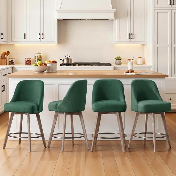 Bekrvio Counter Height Bar Stools Set of 4, Mid-Century Modern Swivel Barstools with Back and Wood Legs, Linen Fabric Upholstered Chairs 65CM Seat Height Counter Stools (Linen Green, 4PCS)