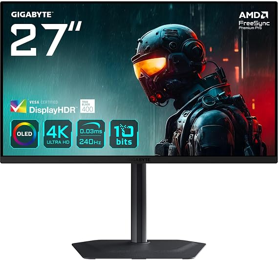GIGABYTE MO27U2 26,5" QD-OLED Gaming Monitor, 4K UHD (3840x2160), 240Hz, 0.03ms GTG, HDMI 2.1 & DP 1.4, DisplayHDR True Black 400, HDR 1000 nits, KVM & USB-C, Dahili Hoparlör