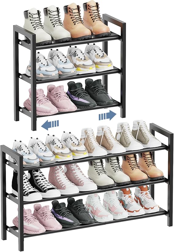 Mavivegue 3-Tier Expandable Shoe Rack, Adjustable Shoe-Rack Organizer Shelf for Closet, Metal Shoe Storage Rack for Front Door Entrance, Entryway,