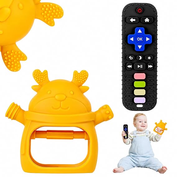 Baby Teething Toys 2 Pack, Teether Toy Remote & Teething Mitten