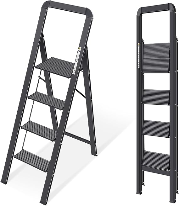 KINGRACK Folding Step Ladder, 4 Steps with Handrail, Non-Slip Aluminium Step Stool, Maximum Load 150 kg, Black