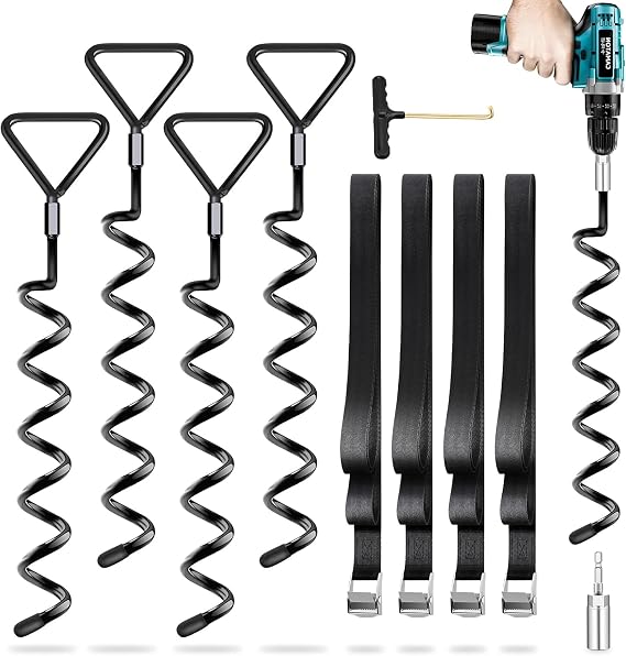 Ground Anchor Pack of 4, Heavy Duty Ground Anchor, Ground Anchor for Screwing in for Trampolines, Ground Anchor for Screwing in High Wind with Straps
