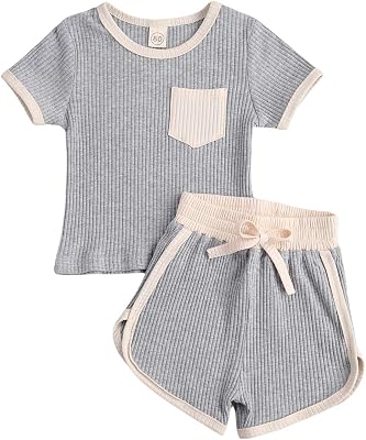 Infant Toddler Baby Girls Boys Ribbed Outfit Knitted Short Sleeve T-Shirt Tops and Shorts Set 2Pcs Summer Clothes