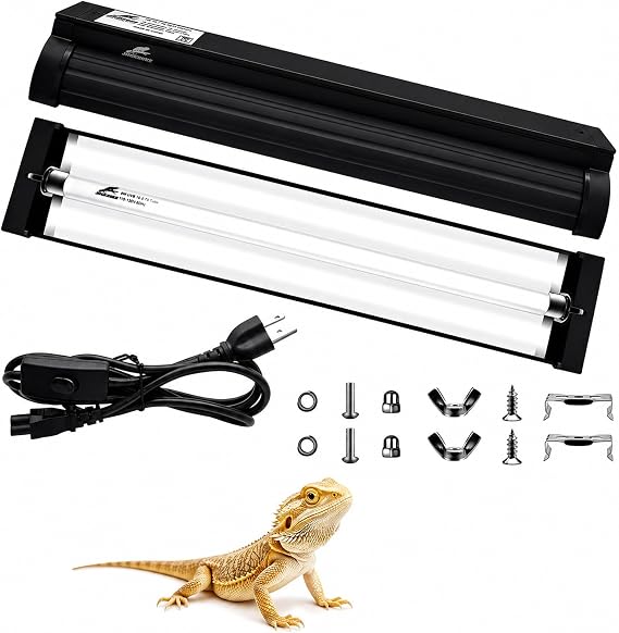T5 10.0 UVB Reptile Light Fixture Combo Kit, 8W High Output UVA UVB Light with Upgraded Wider Alloy Reflector for Bearded Dragons Lizards Tortoises and Desert or Tropical Reptiles 12.4Inch