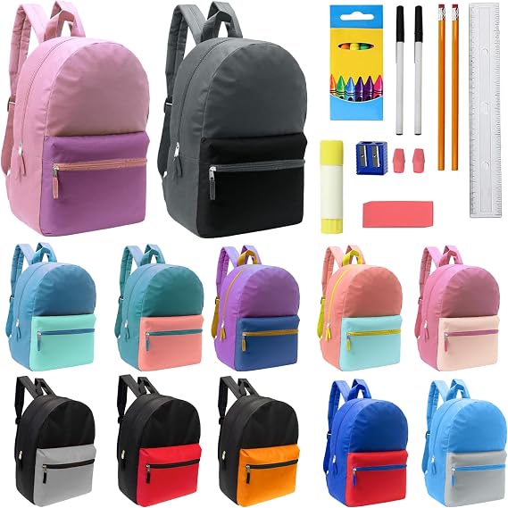 12 Pack 17" Bulk Backpacks with 16 Piece School Supply Kit, 12 Colors
