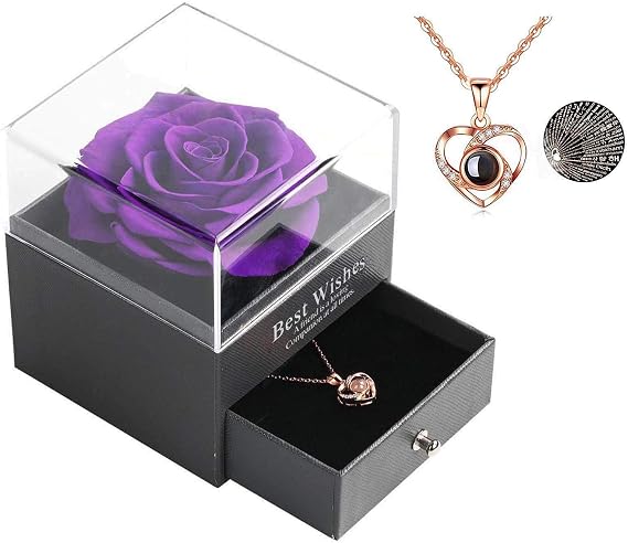 Skalago Preserved Real Rose Drawer with Heart Necklace I Love You in 100 Languages Gift Set, Handmade Enchanted Real Rose Flower for Valentines Day Anniversary Birthday Romantic Gifts for her (Purple)