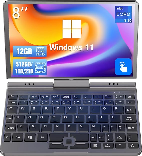 8 inch Mini Laptop Touchscreen Notebook Tablet N95 2-in-1 Handheld Computer Portable Small Pocket PC Win-11, Gigabit/Wi-Fi 6/2MP Camera/G-Sensor/HDMI/PD 30W Charging/Stylus, 12GB RAM 2TB SSD