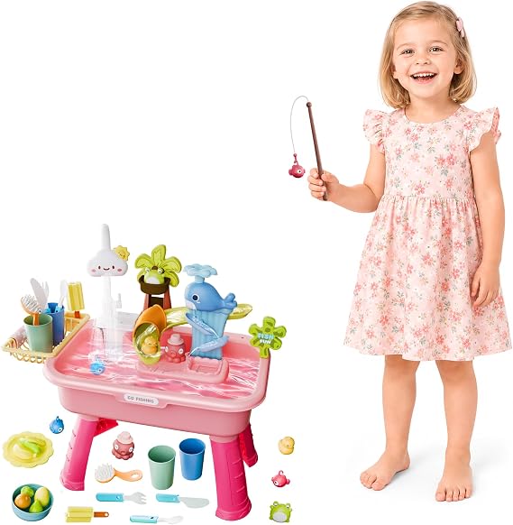 2026 Upgraded Water Table for Toddlers 1-3, Kids Mini Play Sink Toys with Running Water & Electric Pump, Kitchen Sink Sensory Toy, Fishing Game Outdoor Water Play Table for Kids Ages 4-8, Pink