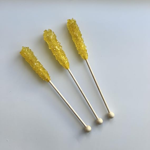 Classic Rock Candy Sticks Lollipops, Little Sugar Rock Crystals on Swizzle Stick, Individually Wrapped Lollipops (Pack of 18, Yellow Mango)