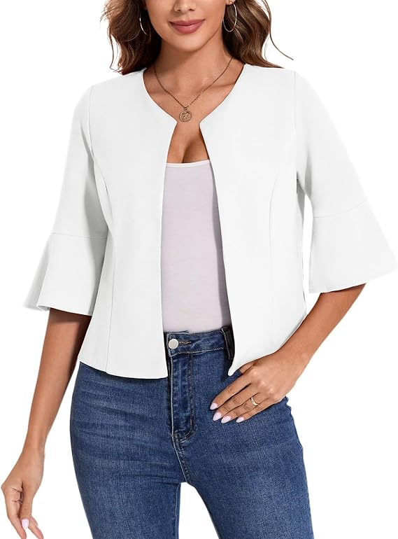 Cropped Blazer for Women Casual Open Front 3/4 Sleeve Suit Jacket | Flared 3/4 Sleeve, Womens Collarless Blazer, Lightweight Casual Work Office Cardigan Suit Jacket