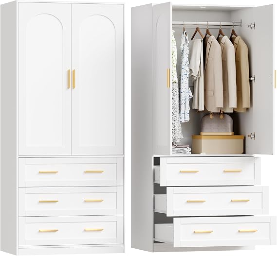 Wooden Armoire Wardrobe Closet with 3 Drawers, 71"Wardrobe Armoire | Freestanding Clothing Storage Cabinet with Hanging Rod, 2 Doors White Wardrobe Cabinet for Bedroom, Cloakroom, UXFYG001W