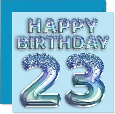Stuff4 23rd Birthday Card for Men - Blue Glitter Party Balloon - Happy Birthday Cards for 23 Year Old Man Brother Son Nephew Uncle, 5.7 x 5.7 Inch Twenty-Three Twenty-Third Greeting Cards Gift