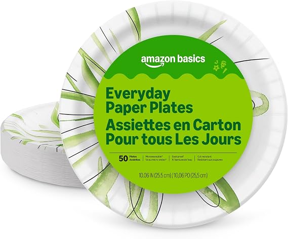 Amazon Basics Everyday Paper Plates, 10 Inch, Disposable, 50 Count, Packaging May Vary
