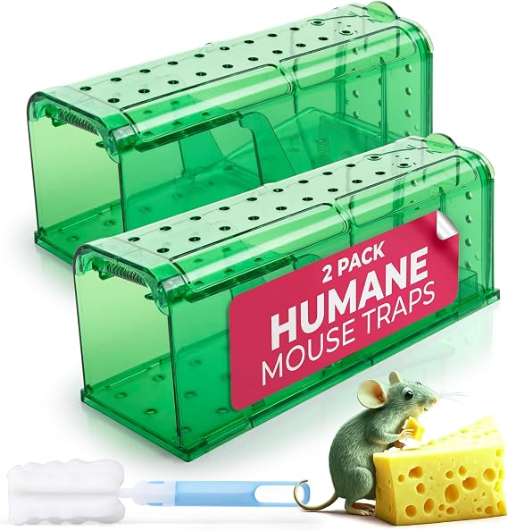 Humane Mouse Trap Pack of 2 - No Kill - Live Mouse Traps Indoor for Home Use - Reusable Rodent Traps for House Indoor, Safe & Effective Rat Trap Outdoor - Humane Mice Control with Cleaning Brush