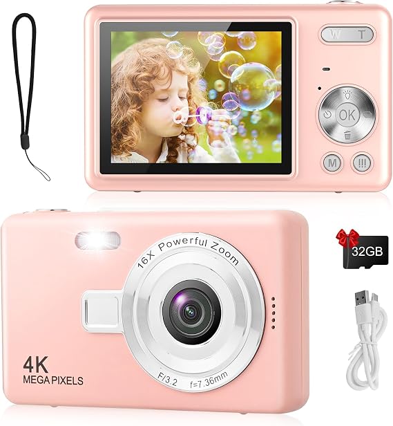 Digital Camera - 1080P FHD 44MP with 2.4" LCD Screen Compact Portable Vlogging Photo Camera with 32gb SD Card 16X Digital Zoom for Kids Teen Students Beginner (Upgrade Pink)