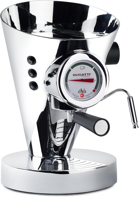 BUGATTI, Diva, Espresso Coffee and Cappuccino Machine, for Ground Coffee and Pods, Non-Stop Steam Function, 15 bar, 950 W, Capacity 0.8 Liter, Elegant Design (Chrome)
