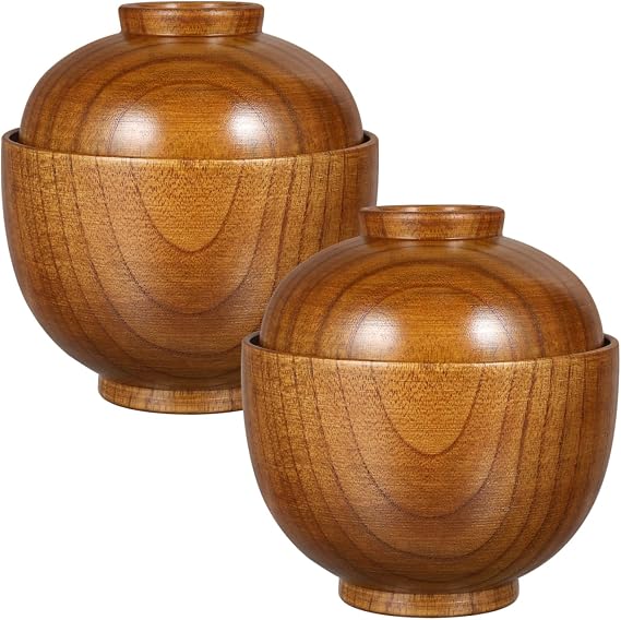 Luxshiny Miso Soup Bowls with Lid Set of 2: Wooden Soup Bowls for Home Kitchen Restaurant - 3.93x3.54x3.54inch