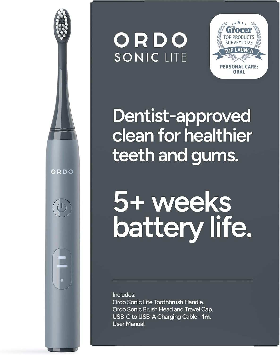 Ordo Lite Sonic Toothbrush, Electric Toothbrushes with 35,000 Pulses Per Min, Dual Modes, Over 5 Weeks Battery, Smart Timer, Waterproof, USB C, Stone