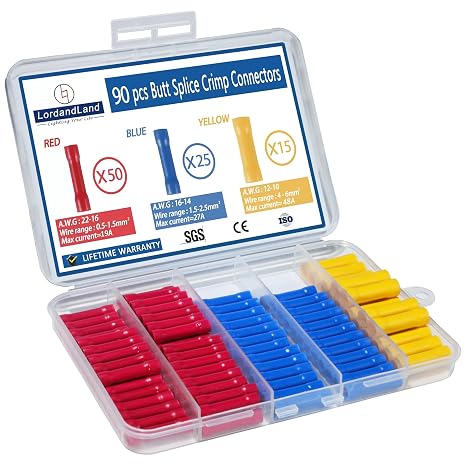UL Listed 90 Pcs Wire Butt Splice Connectors Kit, 22-10 AWG Tin-Plated Brass Crimp Terminals with Flared Insulation & Wire-Stop Design – Fully Insulated for Automotive, Home, Electrical Projects