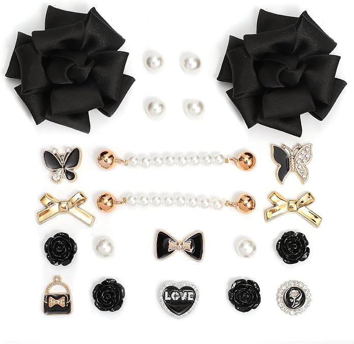22PCS Fashion Shoe Charm Set for Sandals Women, Fabric Flowers, Pearl Chains, Rhinestone Accessories & Pearls for Girls DIY Shoe Decor (Not for Sneakers)