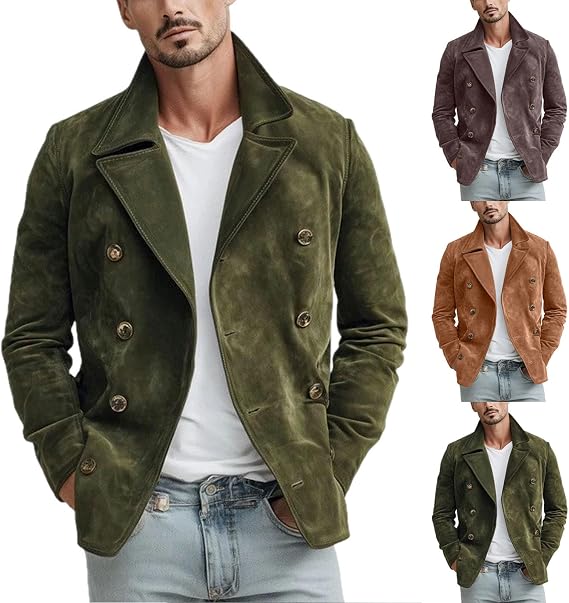 Men's Suede Jacket Double Breasted Vintage Coat Casual Autumn Warm
