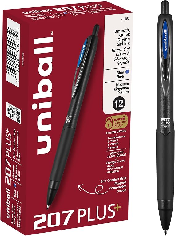 uni-ball 207 Plus+ Retractable Gel Pens 12 Pack in Blue with 0.7mm Medium Point Pen Tips - Uni-Super Ink+ is Smooth, Vibrant, and Protects Against Water, Fading, and Fraud