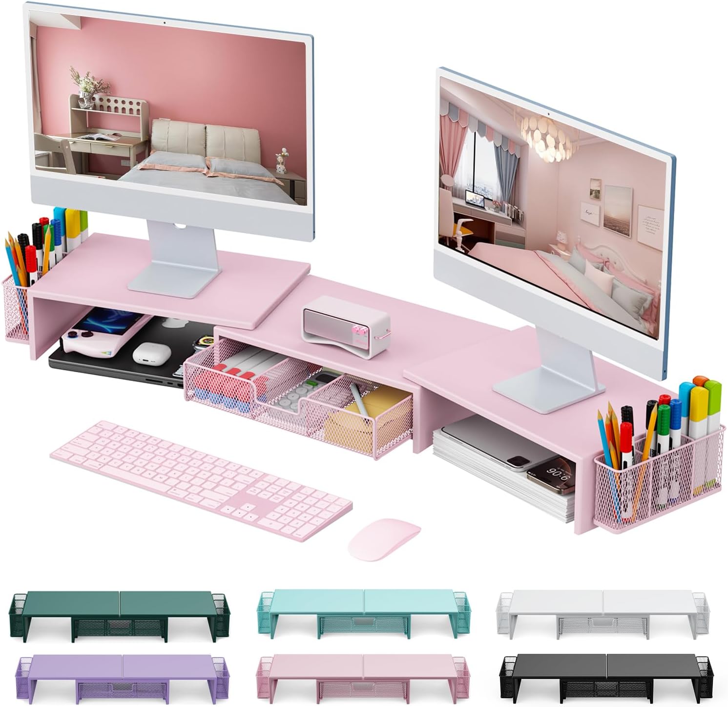 gianotter Dual Monitor Stand Riser, Desk Organizer With Drawer and 2 Pen Holders, Computer Monitor Stand, Shelf for Top of Desk, Black